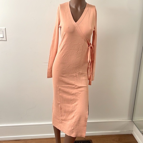 Rudsak Sania Knit Dress Longsleeve Cantaloupe Peach Wrap Waist Tie Medium New - Picture 1 of 12